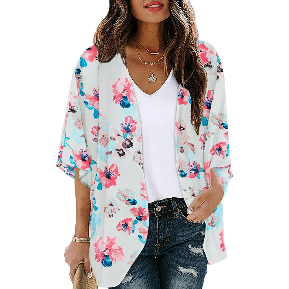 Badpak Vrouw 2023 Boho Bedrukt Kimono Strand Cover Up Modieuze Zomer Chiffon Vest Met Korte Mouwen Sjaal Capes