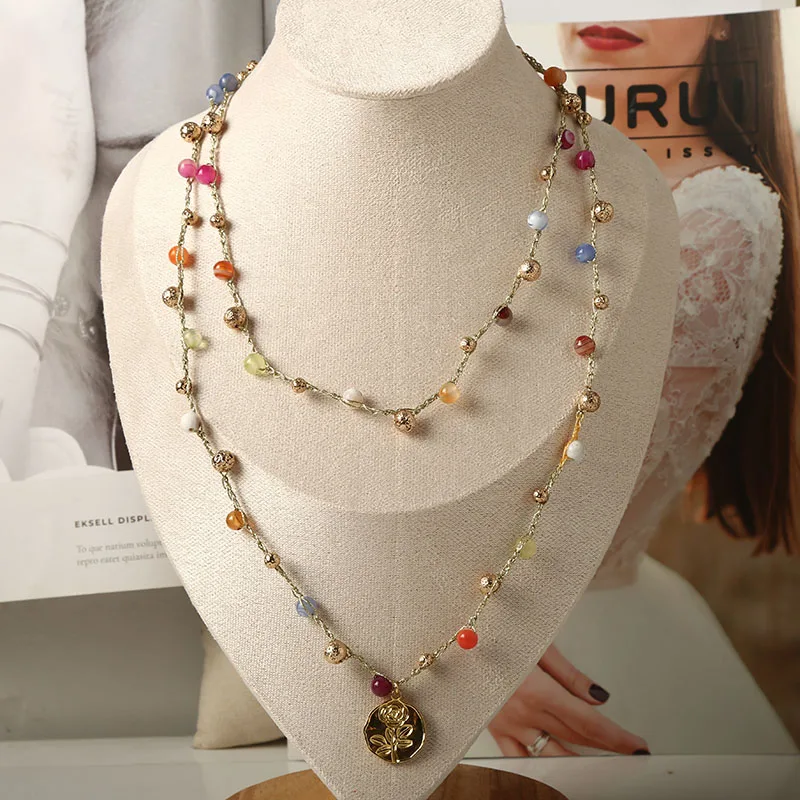 Spicy Girl Long Korean Fashion Overlay Style Colorful Crystal Beads 18K Ball Long Necklace  Knitted Sweater Neckchain for party