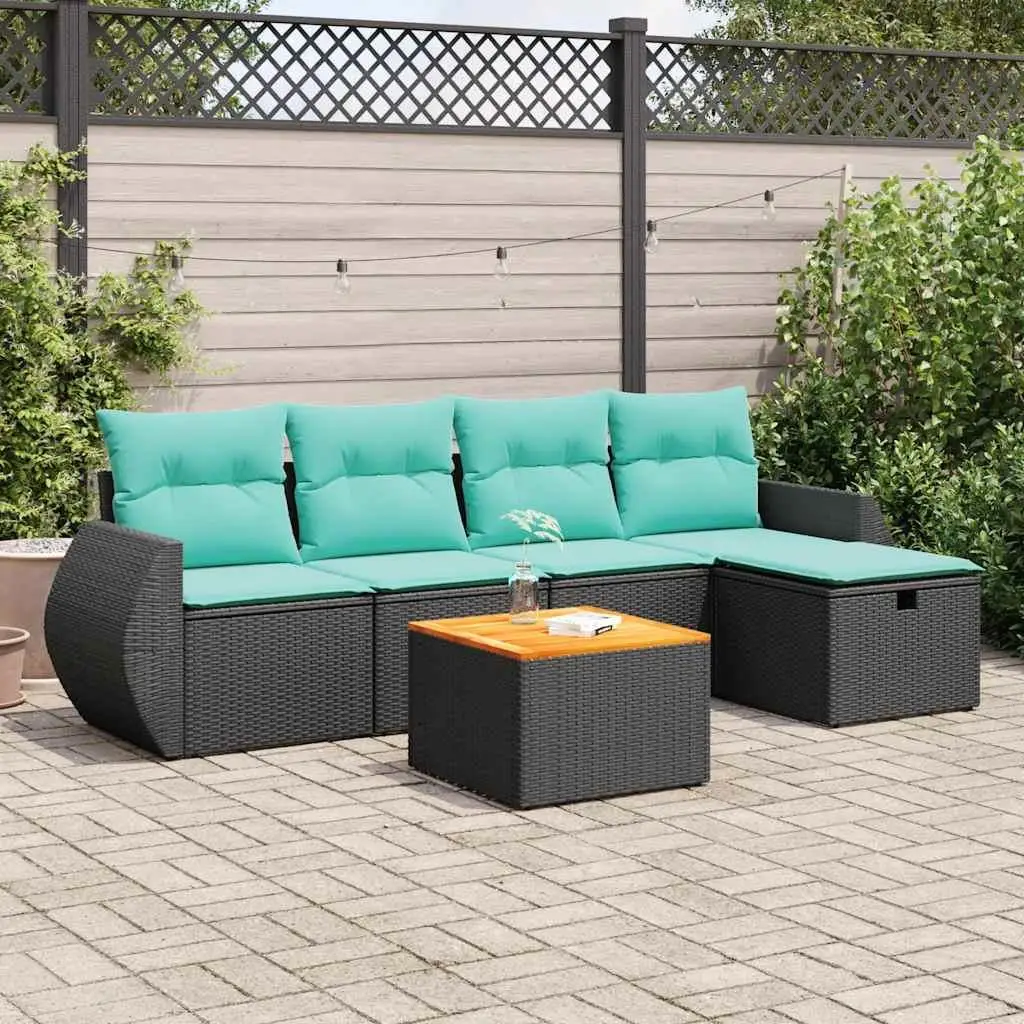 

6 Piece Outdoor Patio Sofa Set with Cushions Black Wicker Rattan Garden Furniture
