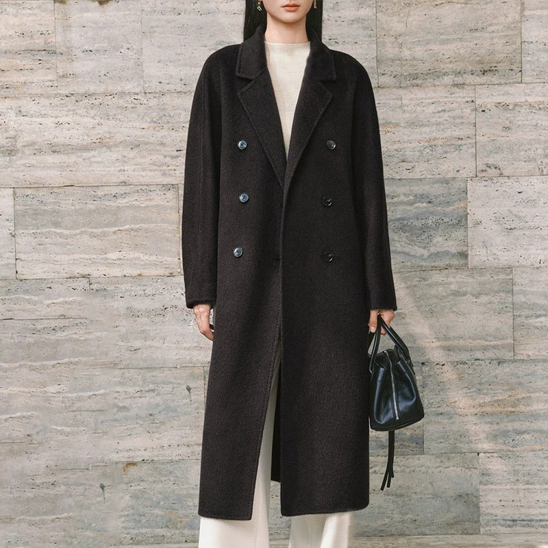 100% Double-faced Wool Coat for Women Winter Chic Long Sleeve Lapel Collar Ladies Straight Double-breasted Wool Trench Outwear
