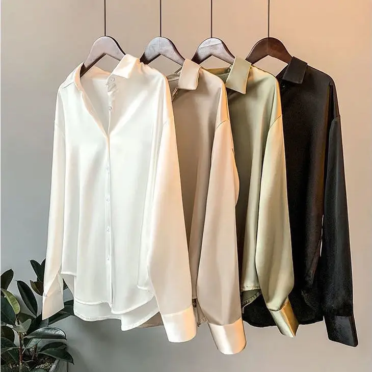 

Long Sleeved Satin Design Feeling Niche 2024 Spring and Autumn New Versatile Drape Retro Hong Kong Style Shirt
