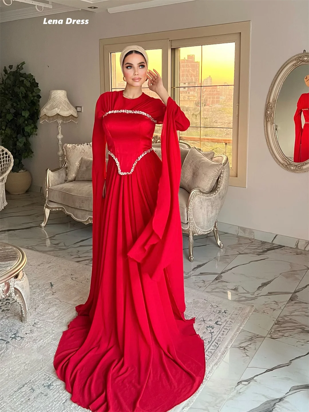 Lena Long Sleeves Luxurious Women's Evening Dresses for Special Occasions Elegant Woman Party Dress Round Collar Muslim Gem Prom