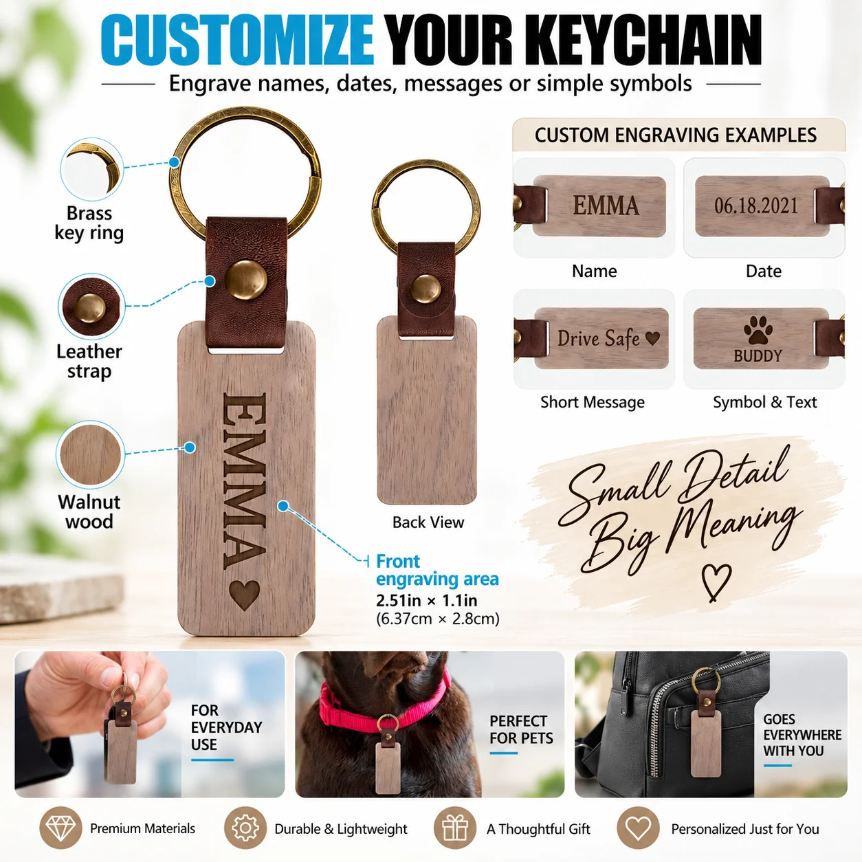 Custom Walnut Wood Keychain, Personalized Gift