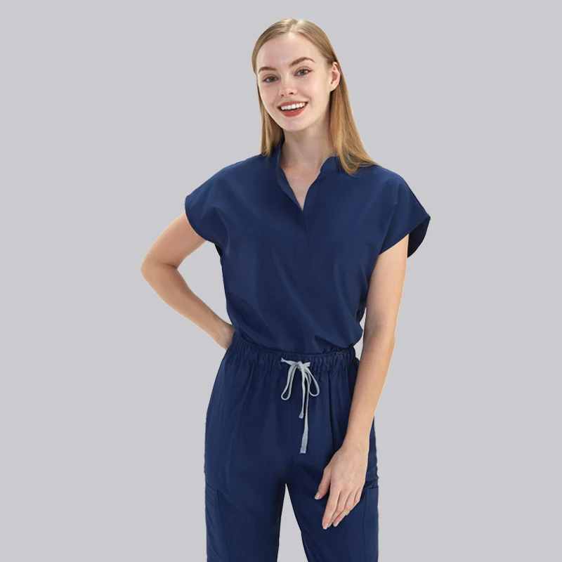 Navy Scrub Uniforms Surgical Medical Set Women Tunic Top Jogger Pant Hospital Doctor Surgeon Aesthetic Clinical Clothes S180-02