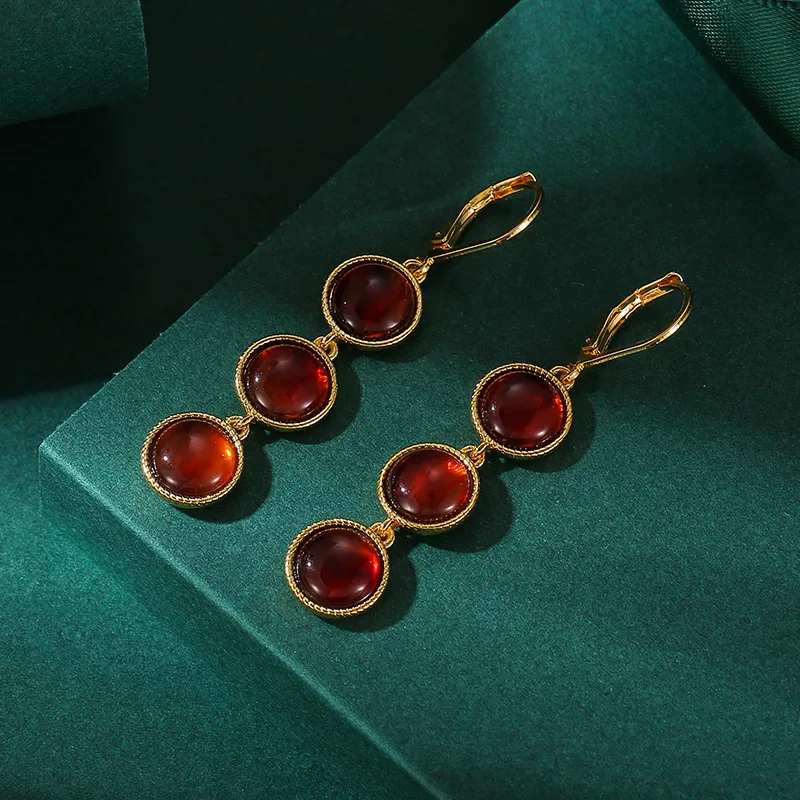 

New Trendy Fashion Temperament High-end Geometric Pattern Round Garnet Stone Long Earrings, Middle-aged Style Earrings for Women