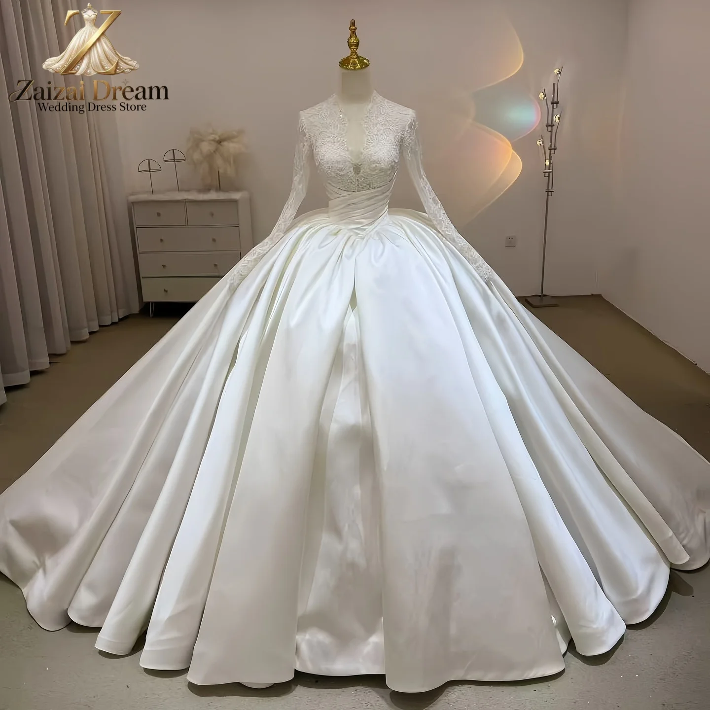 Customized Luxury Pearl Beaded Ball Gown Wedding Dress Long Sleeve Sparkly Bridal Gown Custom Size Plus Size Vestidos De Novia