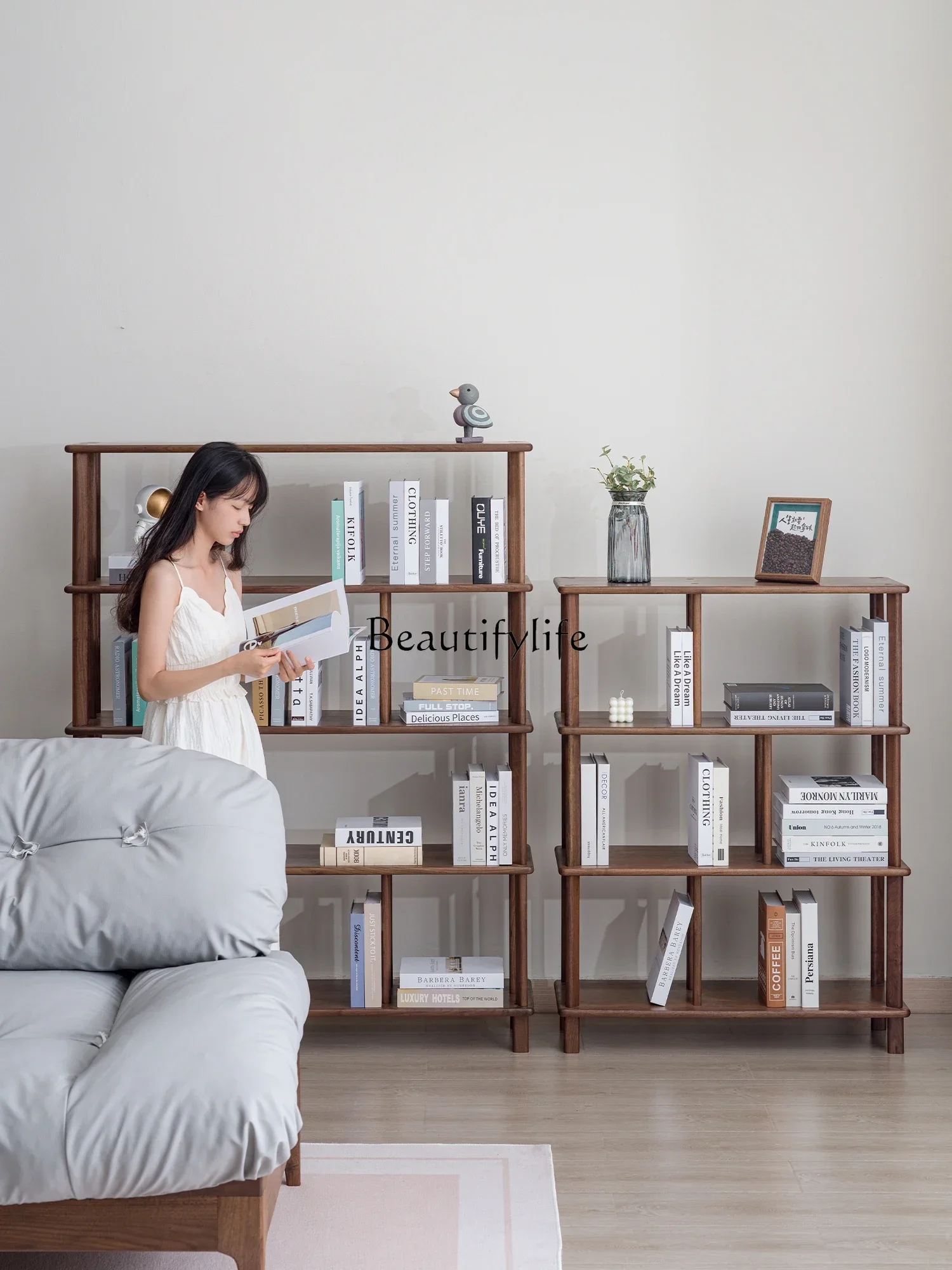 FGNorth American black walnut bookshelf solid wood multi-layer shelf display partition Nordic simplicity