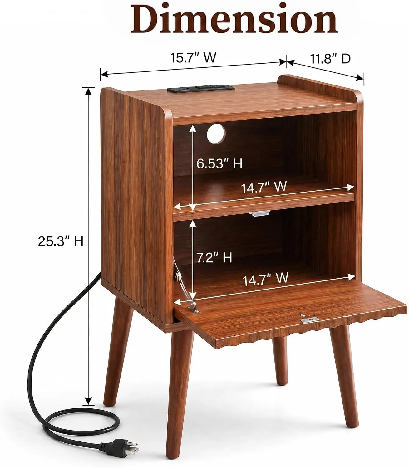Nightstand Featuring a Charging Station, Walnut, 15.7 Inches Deep x 11.8 Inches Wide
