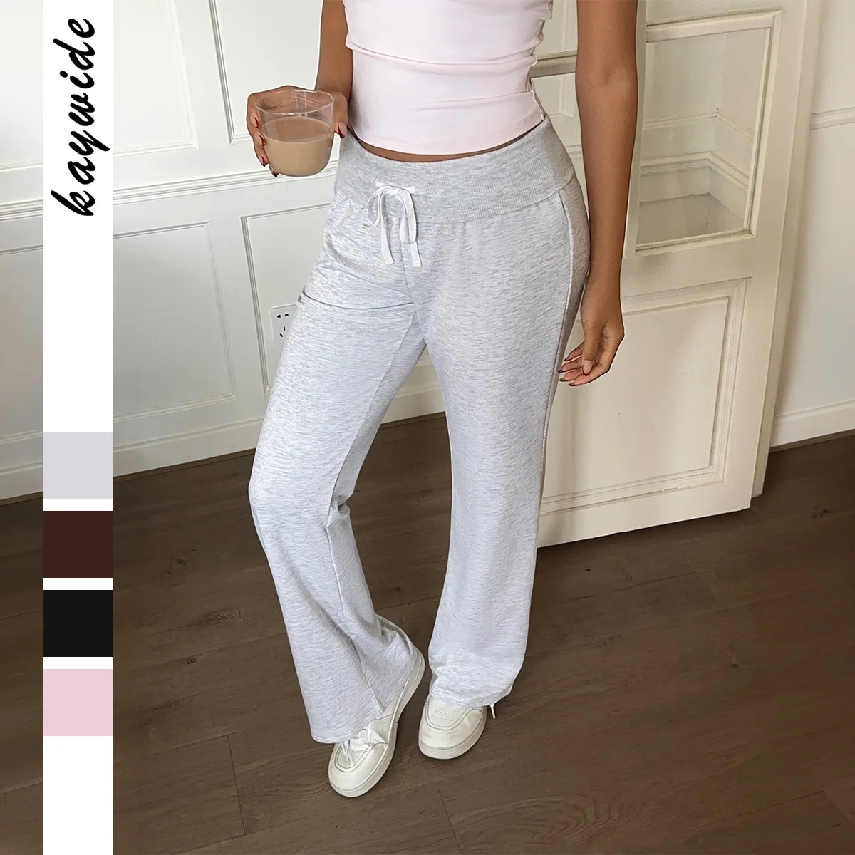 

2026 Summer New Solid Color Straight Bow Lace-up Mid-waist Trousers