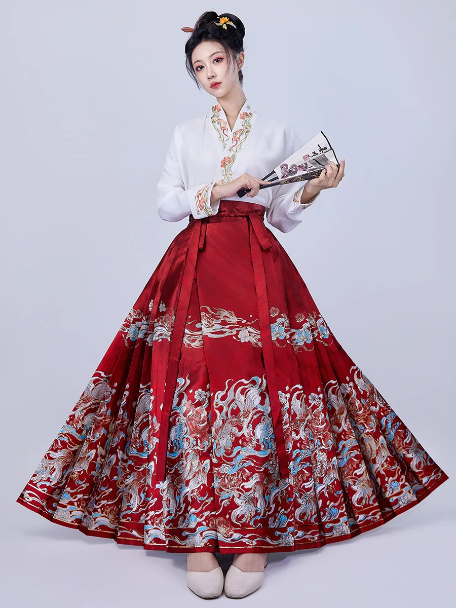 

Красный комплект юбок ханьфу для женщин, весенний, повседневный, с завышенной талией, А-силуэт, из полиэфирного волокна, в традиционном стиле