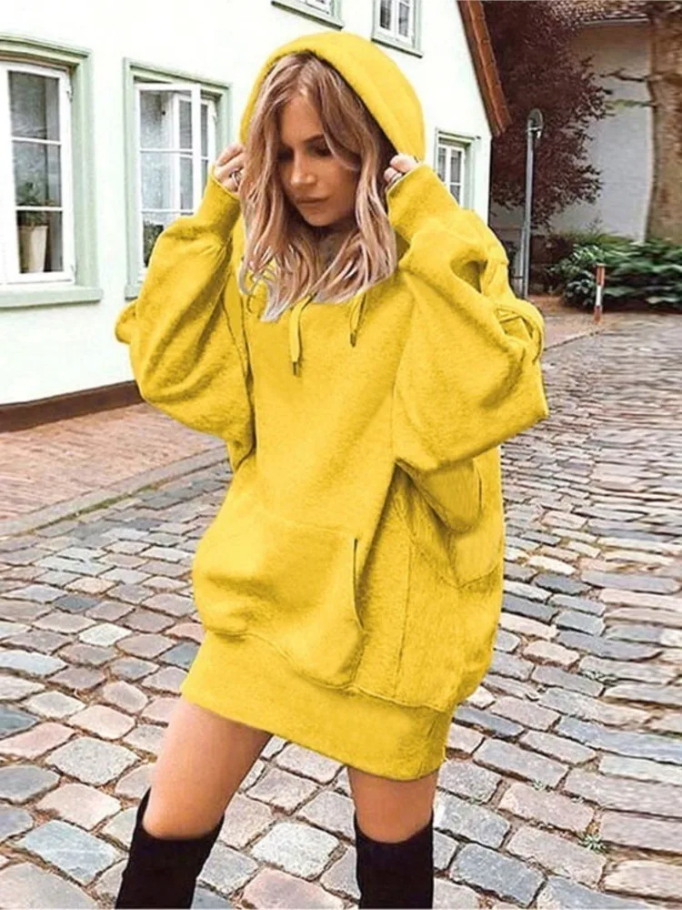 

Autumn Winter Lady Leisure Hooded Hood Pullover Y2k Fashion Solid Color With Pocket Loose Sweatshirt Female Basic Simple Hoodie