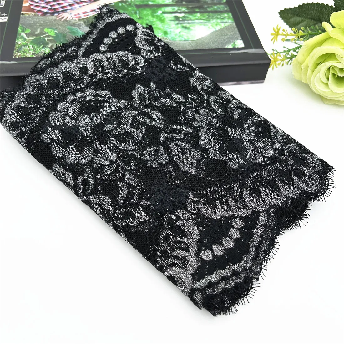 3y/lot Width 22.50cm Black Silver Elastic Eyelash Lace Trim For Skirt Hem Underwear Sewing Craft Wedding Apparel Fabrics Lace