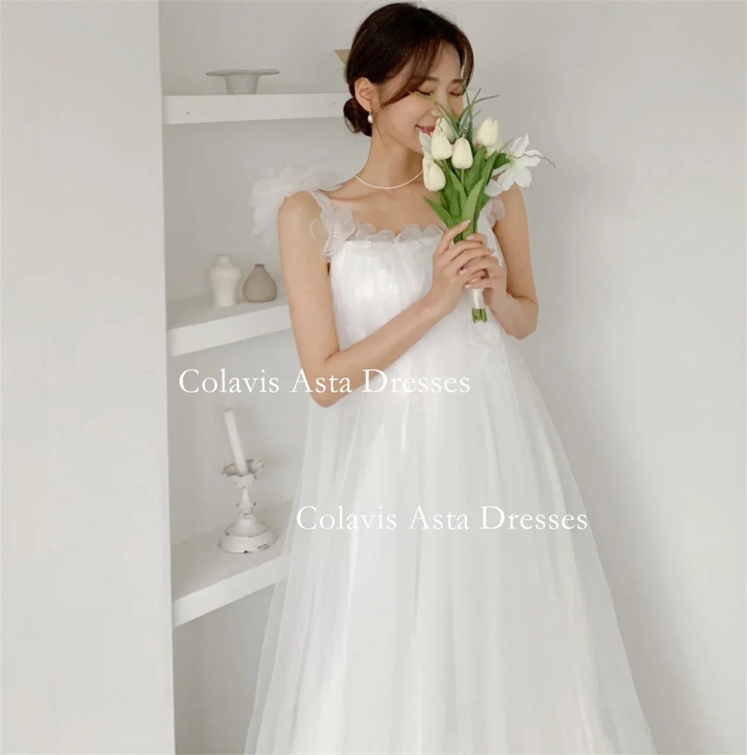 

Colavis Asta Korea Spaghetti Straps Backless Ruffles White Wedding Dresses 웨딩드레스 Custom Made Photoshoot Bride Gowns Plus Size