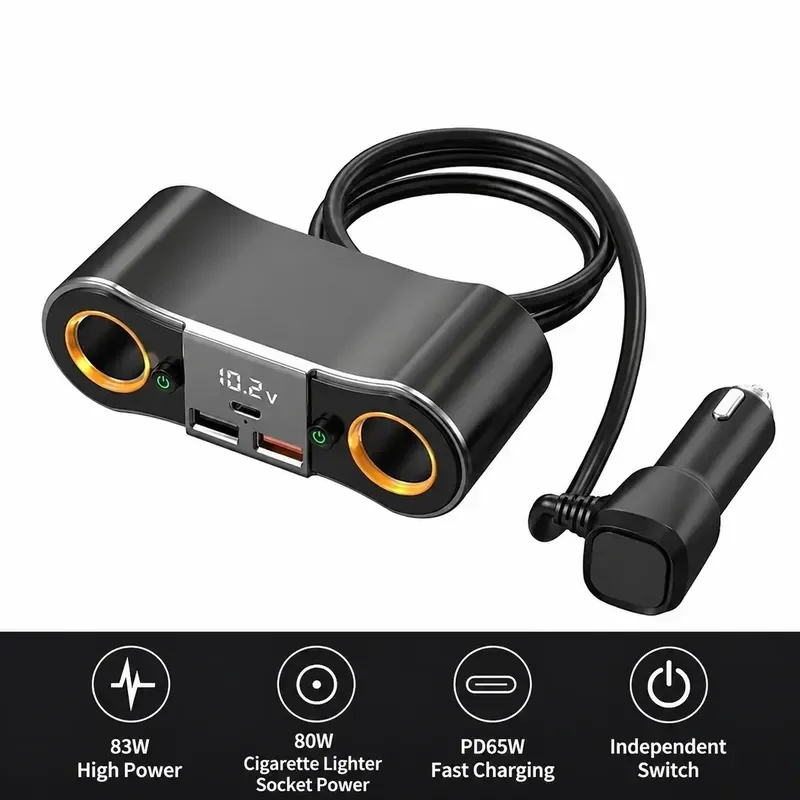 for ZBN02 Car Cigarette Lighter Splitter 1 to 2 PD 65W Dual USB Digital Display with Cable Converter