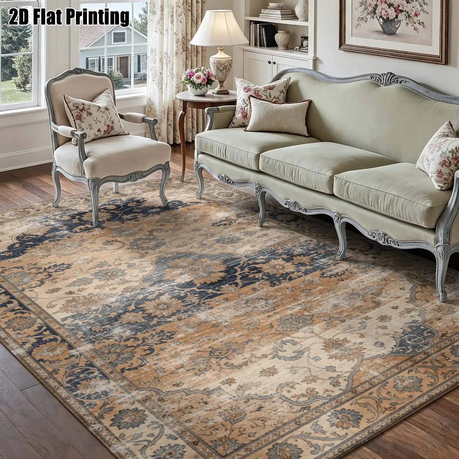 1Pc 2D Printed Retro Blue Brown Floral Carpet European/Bohemian/Geometric Style, Home Decor, Multi-Size, Machine Washable. Perfect for Entryways, Dining Rooms, Foyers, Bedrooms, and Living Rooms.