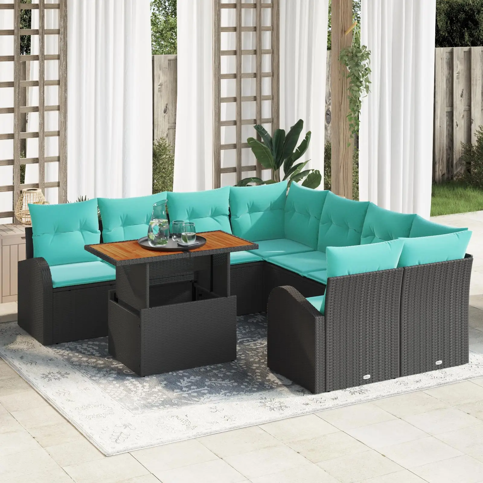 Set divano da esterno da 9 pezzi con cuscini Set da salotto da patio con mobili in rattan nero