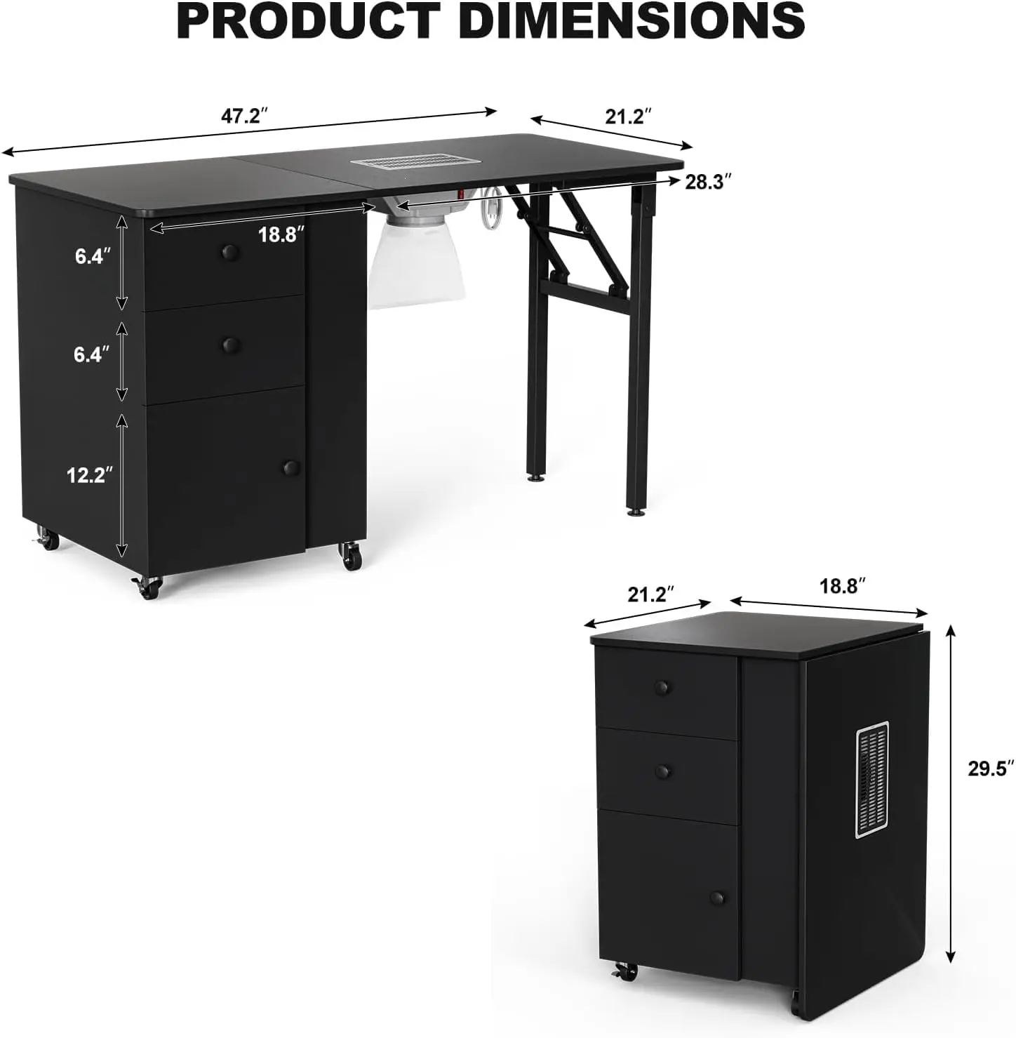 Foldable Manicure Table Nail Desk, Foldable Rolling Nail Table Station with Built-in Dust Collector, Adjustable Length