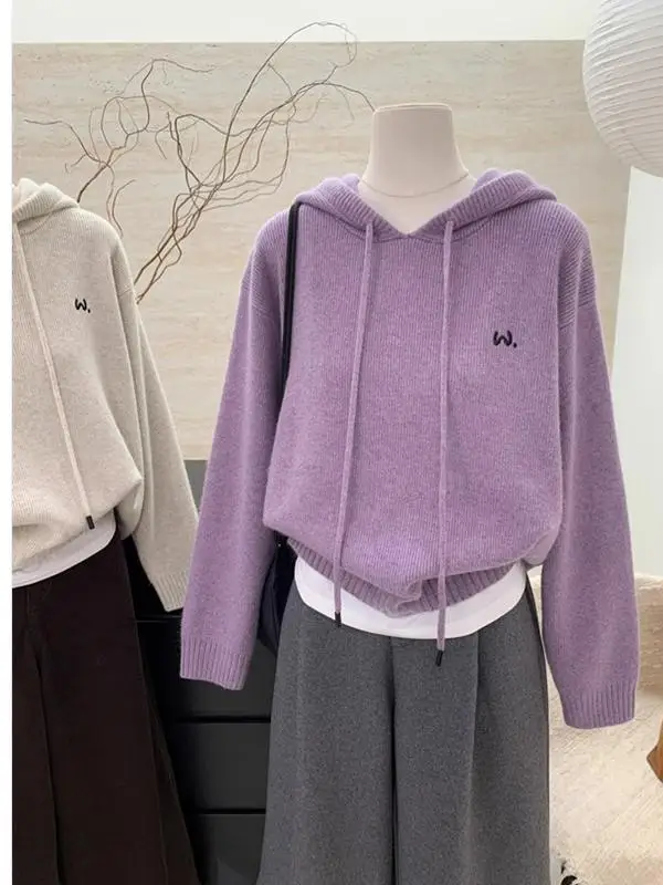 

Warm Knitted Sweater Autumn Winter Design Sense Embroidery Letter Bottom Splicing Simple Fashion Outerwear for Women