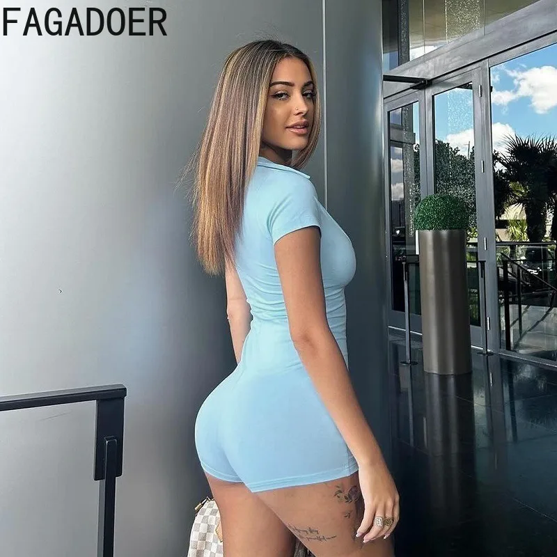 FAGADOER Summer New Sexy Bodycon Rompers Women Solid Color Short Sleeve U Neck One Piece Jumpsuit Female Streetwear Overalls