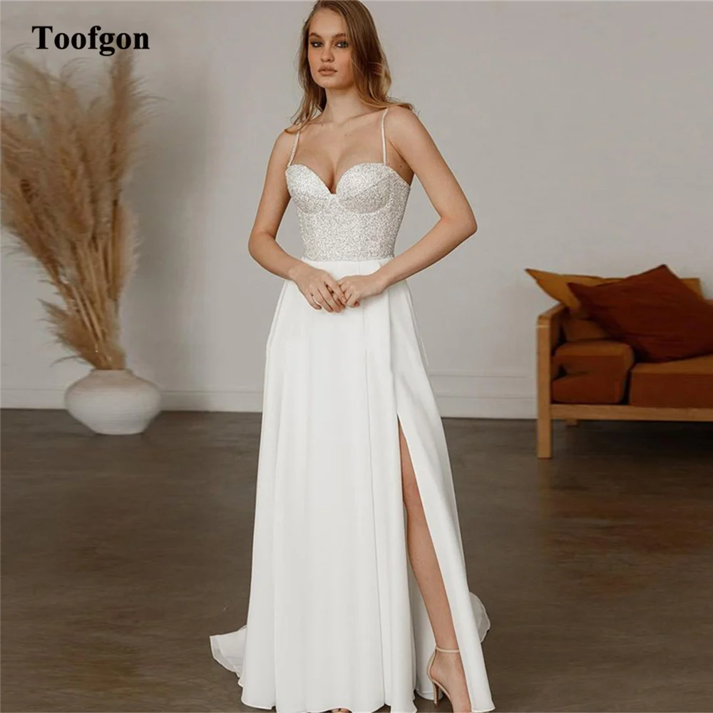 

Toofgon Newest Glitter Wedding Dresses Sequines Top Beach Sweetheart High Side Slit Bridal Gowns Women Bride Party Guest Dress