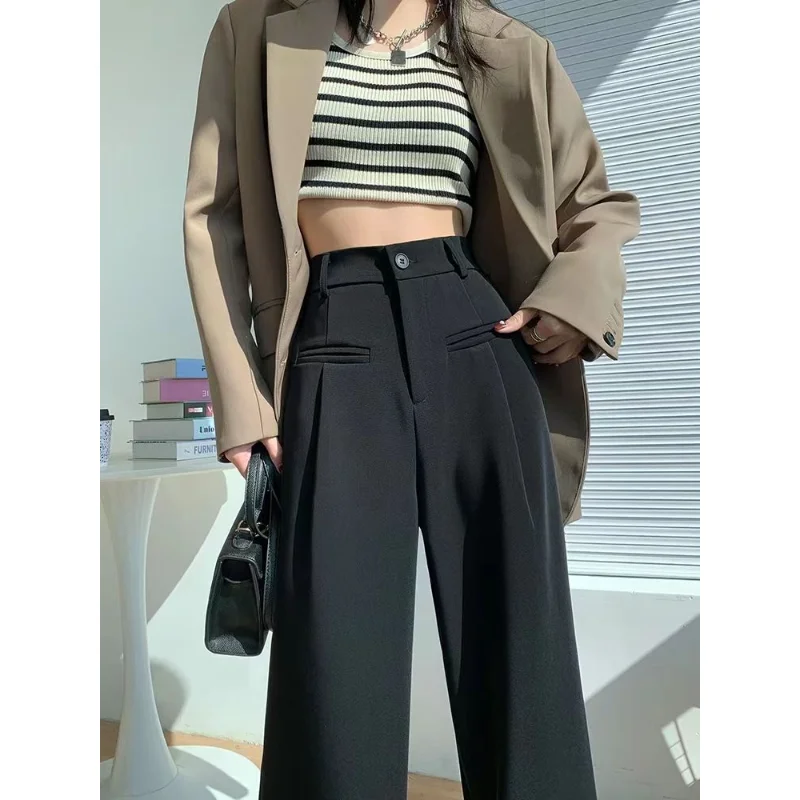 

New Arrival Women's Black High-Waisted Wide-Leg Pants for Spring Autumn Loose Straight Pants Full Length Casual Trousers Q776