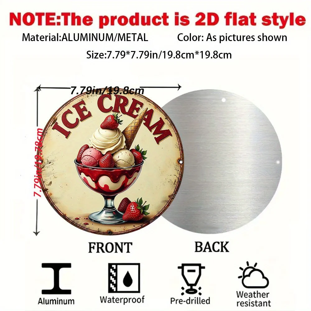 Classic 1950S Style Ice Cream Metal Wall Plaque - Circular Diner Decoration Featuring Striking Red Text And Strawberry Sundae