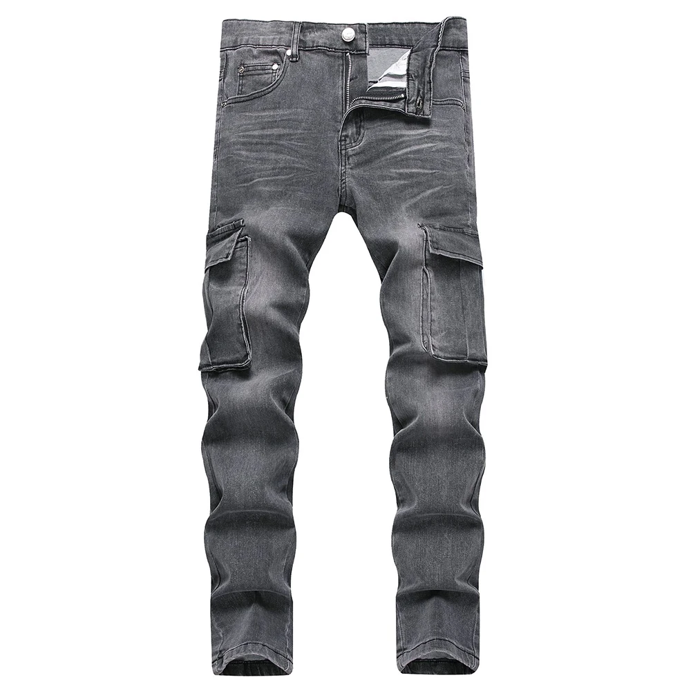 Pantalones vaqueros Cargo con bolsillos para hombre, pantalones elásticos cónicos delgados informales, pantalones negros y grises