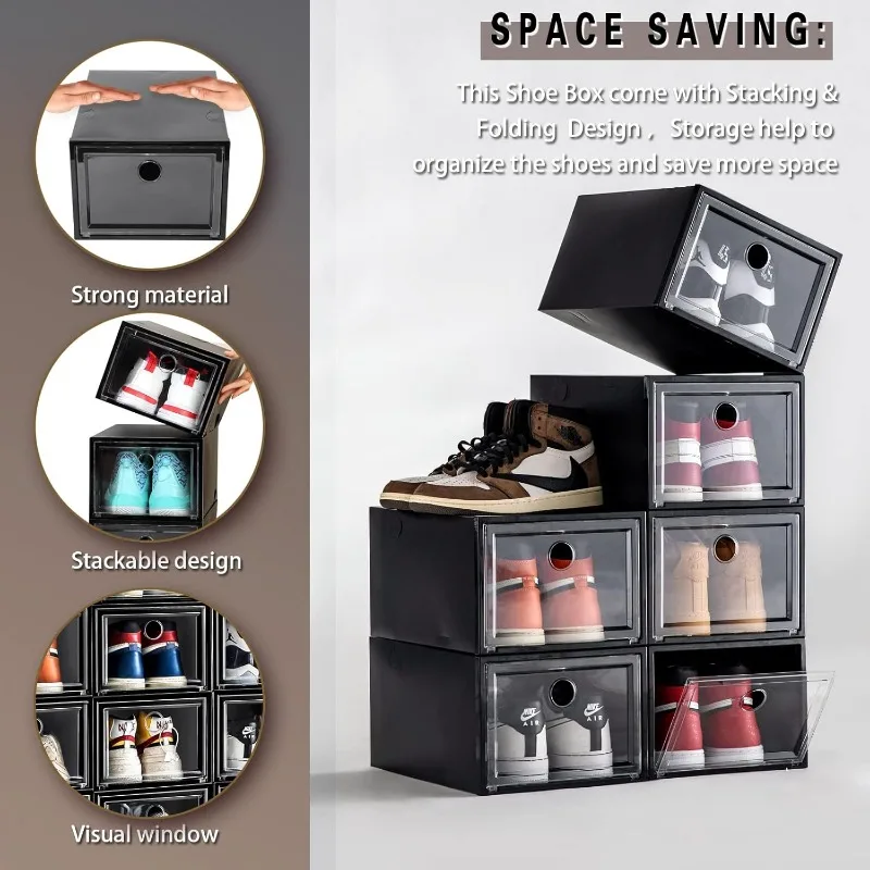 Clear Plastic Shoe Storage Box, Dobrável Container Bin, Empilhável Drop Front Organizer, Space Saving, Fit para EUA Tamanho 12, 12 Packs