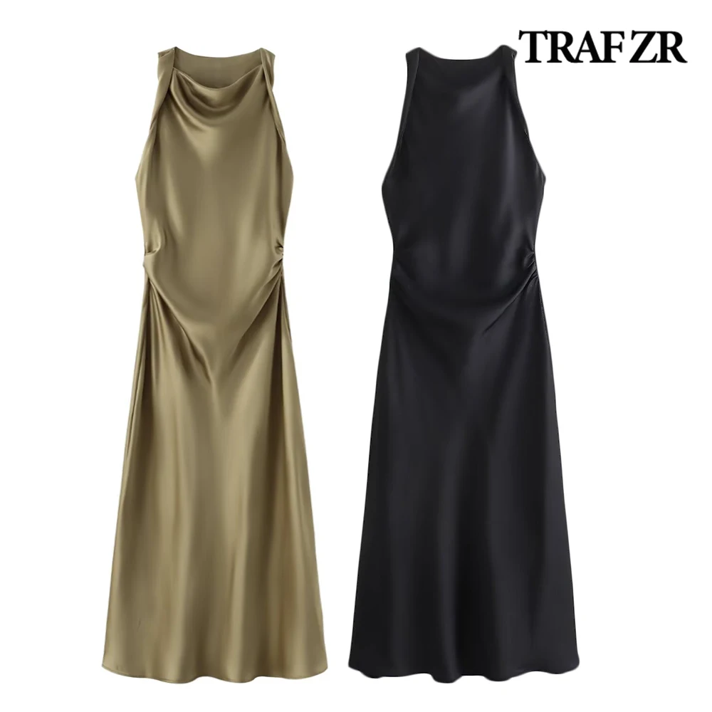 TRAF ZR Elegant Chic Women's Sundress Twist Armscyes Wide Straps Fabulous Gown Vintage Ruched Off Shoulder Femme Robe Y2k Dress