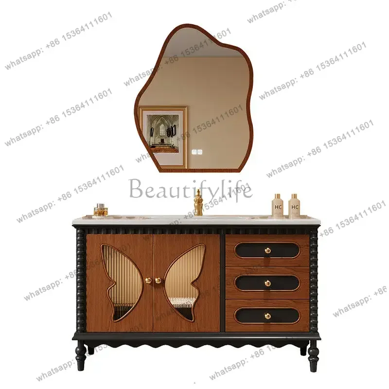 

French retro floor-to-ceiling bathroom cabinet American bathroom solid wood ceramic integrated basin bathroom cabinet