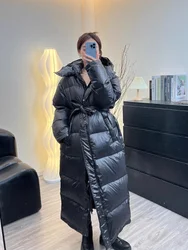 Casaco puffer de pato comprido para mulheres, parkas com capuz com faixas, roupas impermeáveis femininas, inverno