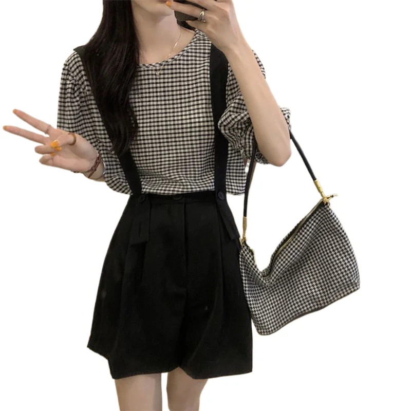 

Casual Detachable Summer Lady Salt Series Youth Round Neck Puff Sleeve Short Sleeved Lattice Tops Wide Legs Shorts Two Piece Set