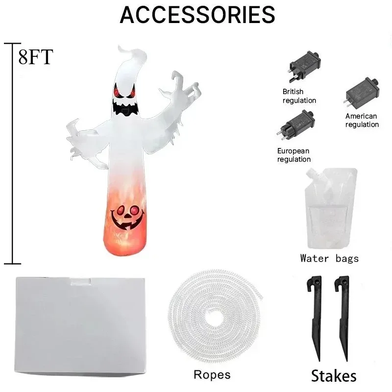 8FT Holiday Lighting Halloween Inflatable Toys Flame White Ghost Solar Term Decoration LED Light Up Lawn Outside Blow Up Model