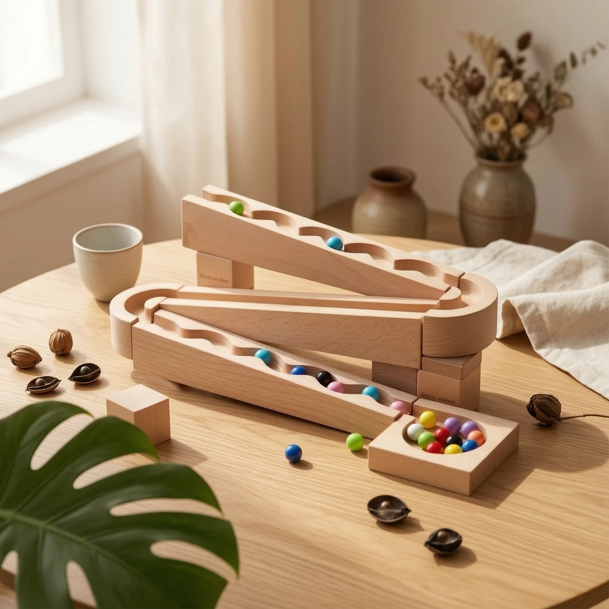 

Wooden Ball Track with Blocks Educational Ball-Track Building Toy Wooden Marble Run with Balls Interlocking Marble Maze Classic