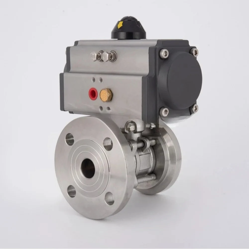 Sanitary grade, three-piece, pneumatic flanged ball valve 304 material