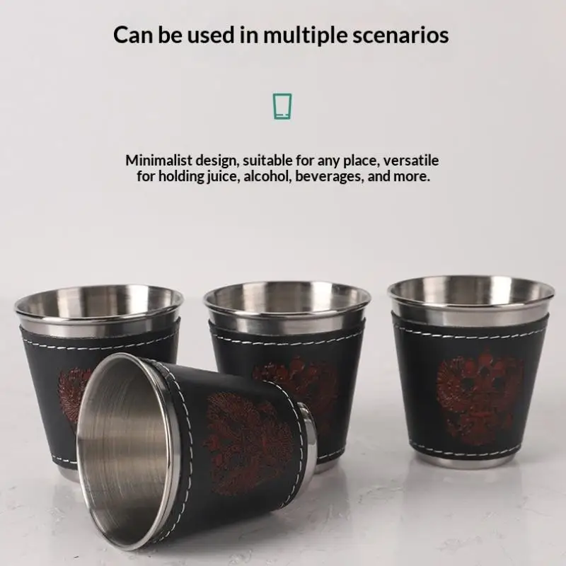 4Pcs/Set Outdoor Travel Cups Stainless Steel Cup With PU Leather Portable Coffee Wine Beer Whisky Cup Camping Tableware