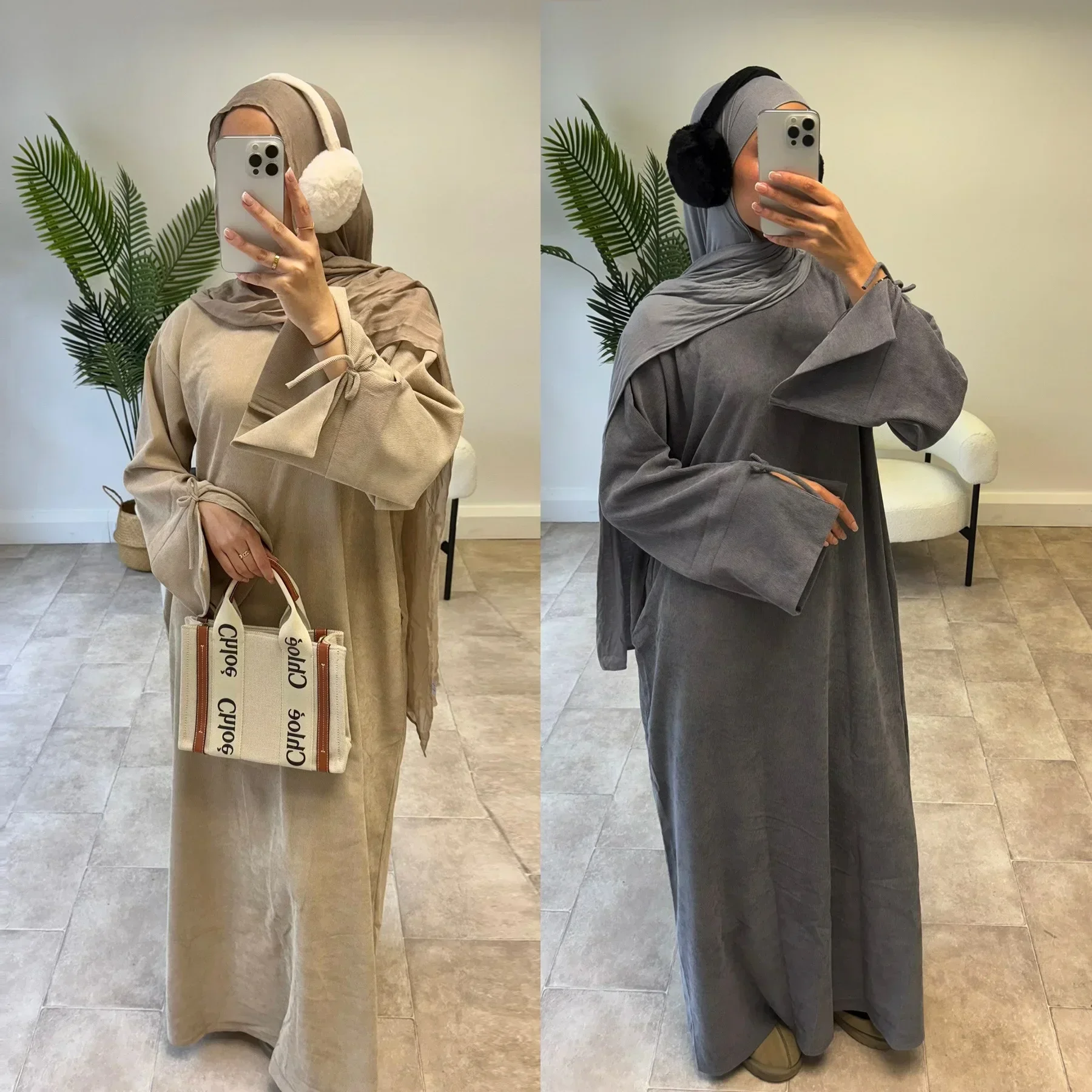 Winter Corduroy Abaya Dubai Luxury Bow Sleeve Warm Muslim Long Dress Thicked Closed Abayas for Women Islamic Clothes Kaftan Robe