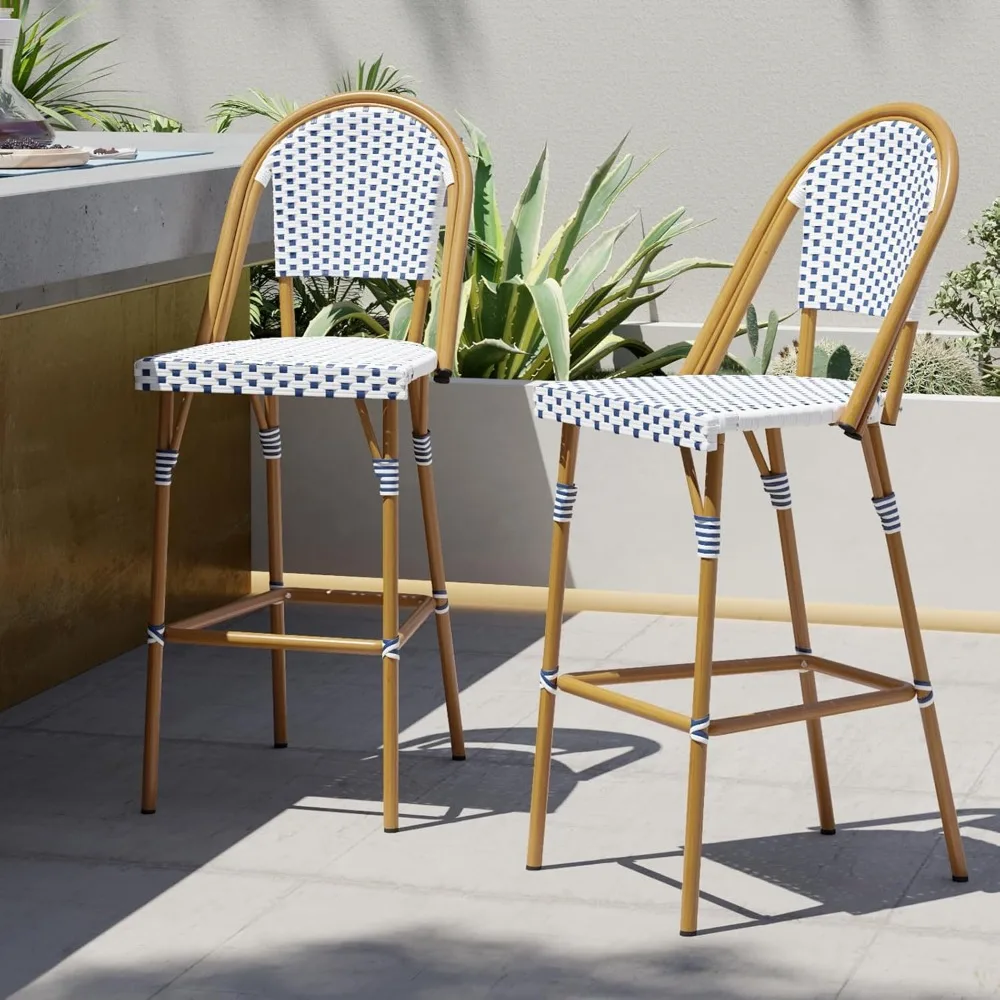 프렌치 바 스툴 2개 세트, 화이트 프린트 마감 파티오 바 스툴 등받이 라탄 의자, 위커 바 높이 스툴 29