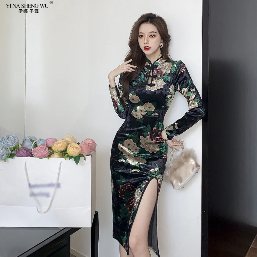 Temperament and Elegant Cheongsam Dress Skirt Long Sleeve Skirt Retro Print Waist Hip Slit Mid-length Dress Black Cheongsam