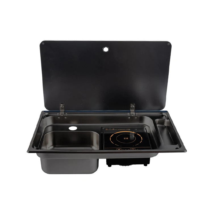 JDA Integrated Black Coating Stainless Steel Sink With Induction Cooker For RV Car Motorhome Yacht Kitchen Marine Trailer Camper