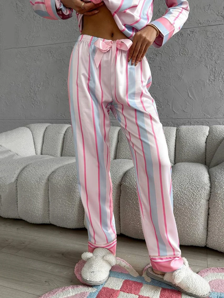 Marthaqiqi Home Clothes Women Long Sleeve Sleepwear Turn-Down Collar Nightgowns Pants Printing Causal Female Pajamas 2 Piece Set