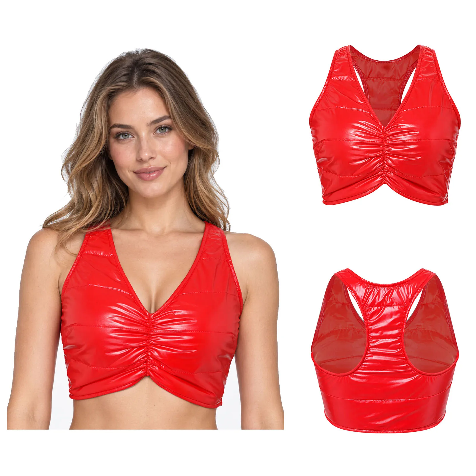 Women Waterproof Quilted Puffer Vest V-neck Ruched Side Zipper Crop Top for Daily Wear Music Festival Beach Club Rave Party