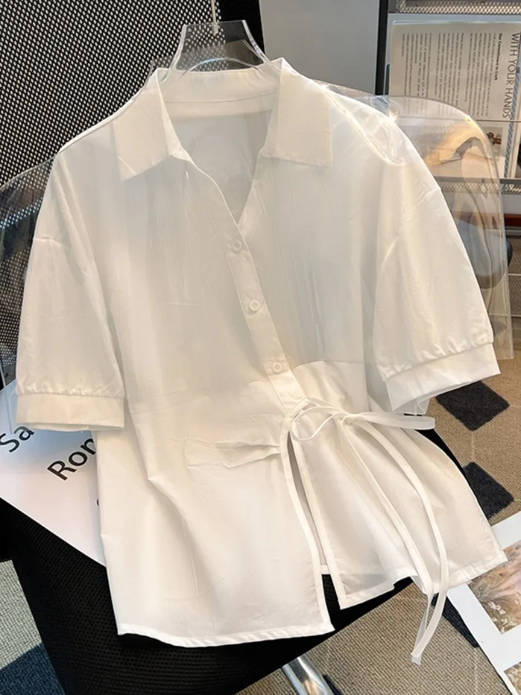 

Белый V-Ne ort Sve irt Женский летний новый дизайн с чувственной талией и утягивающим воротником из смеси хлопка и полиэстера