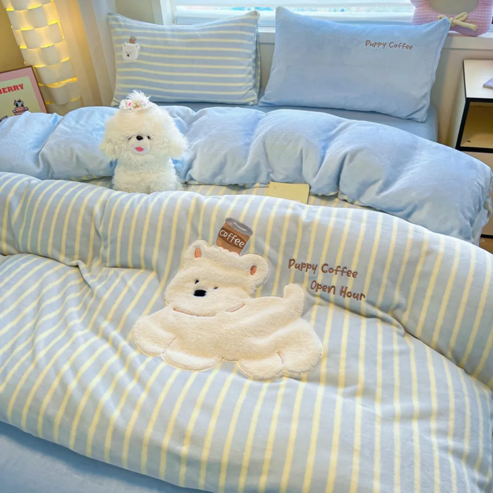 Cartoon Sticker Embroidered Milk Fleece Four-piece Set Winter Thickened Coral Fleece Quilt Cover BedSheet Pillowcase Bedding Set