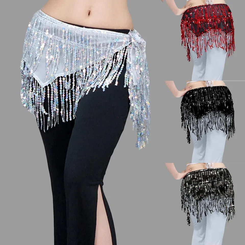 Carnival Women Belly Dance Training Dress Lace Up Strap Waist Chain Short Skirt Sequin Fringe Skirt A-Line Long Skirts