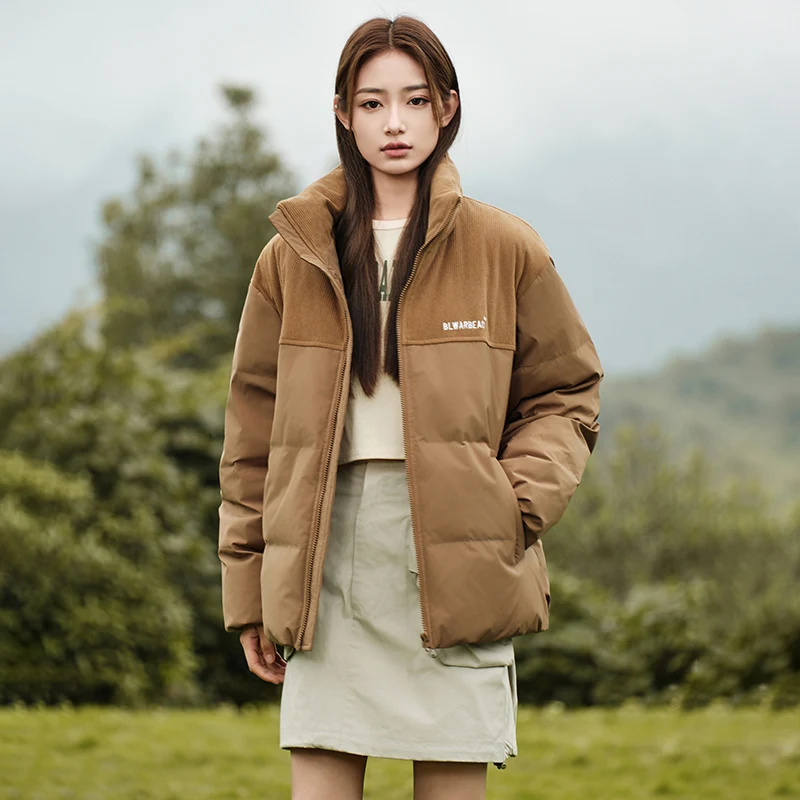 

2025 Unisex Short Down Jacket White Duck Down Stand Collar Patchwork Streetwear Loose Fit Thickened Winter Coat