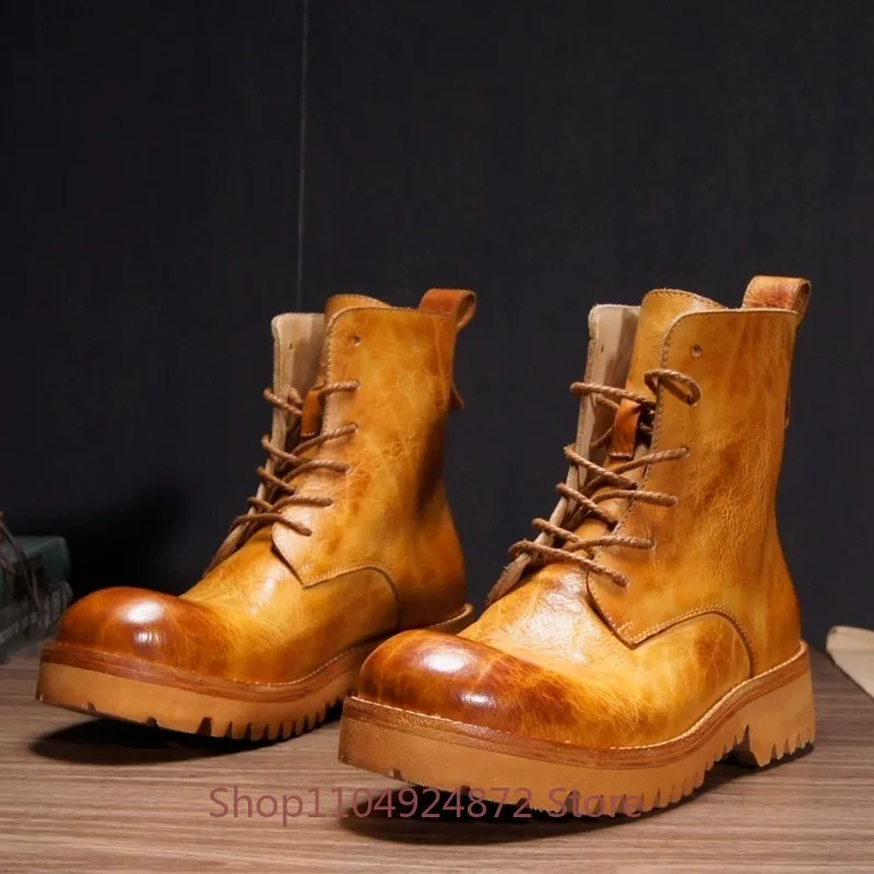 Handmade Autumn Winter Cowhide Chelsea Boots Men's  Genuine Leather Thick Sole Casual Motorcyclre Boots Male Snow Boots Brown