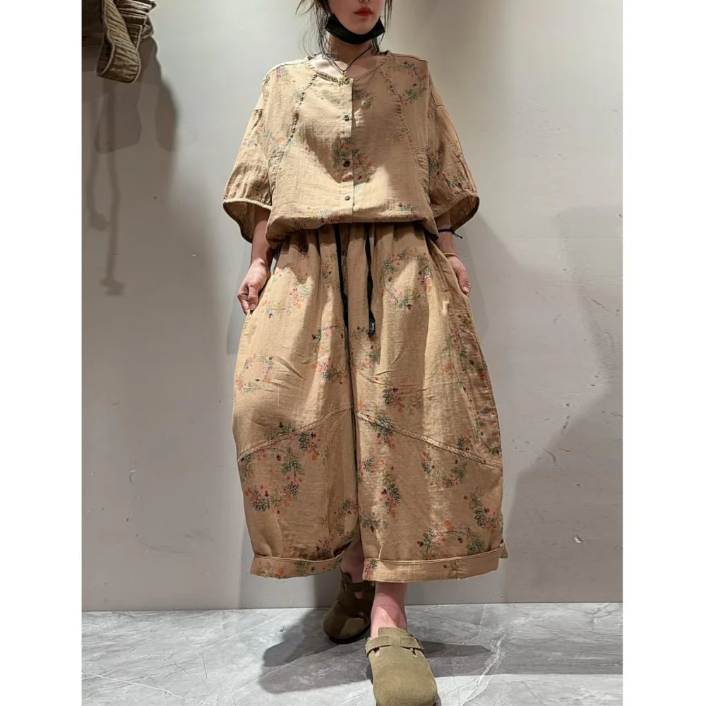 

Women Plus Size Loose Coat + Wide-Leg Floral Print Harem Pants Cotton-Linen Two-Piece Set Summer Fashion Suit XY269