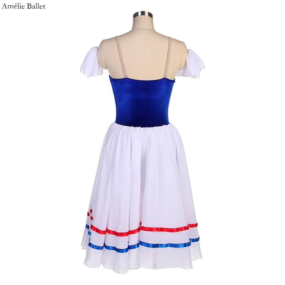 23027 Royal Blue Velvet Bodice & สีขาวชีฟองและ Tulle โรแมนติกบัลเล่ต์ Tutu เปลวไฟปารีสโรแมนติก Tutu ชุดยาว