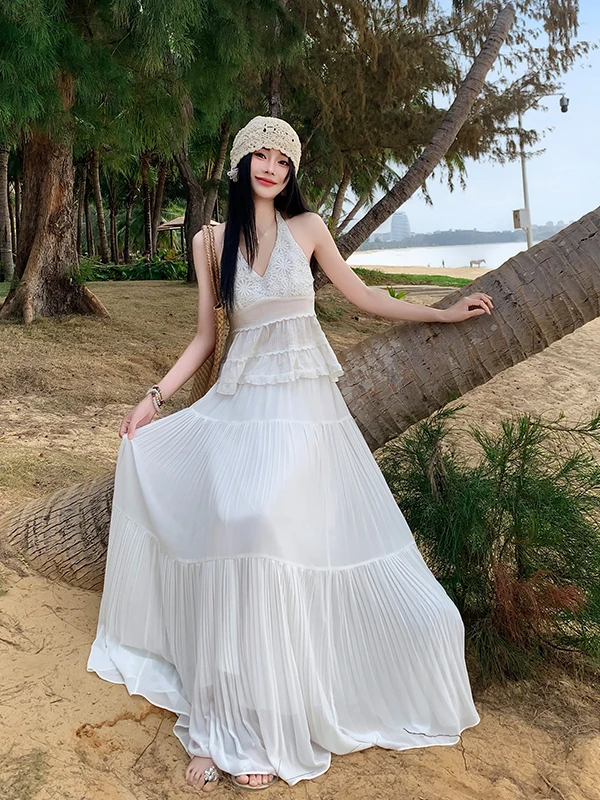 

Summer Beautiful Beach Island Vaion Photo Matching Set Women's Two-Piece Dr Polyester V-Ne Svel Casual Faion